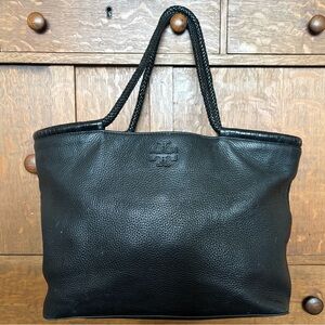 Tory Burch Taylor Tote Black Pebbled Leather Braided Handles Magnet Closure